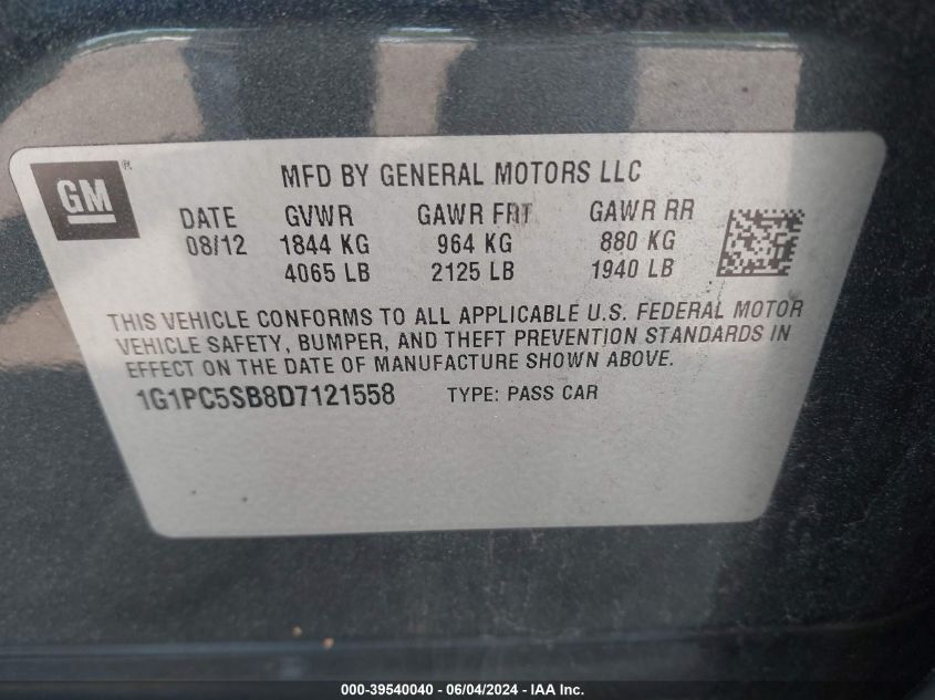 2013 Chevrolet Cruze 1Lt Auto VIN: 1G1PC5SB8D7121558 Lot: 39540040