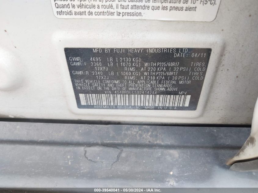 2011 Subaru Outback 3.6R Limited VIN: 4S4BRDLC5B2414244 Lot: 39540041