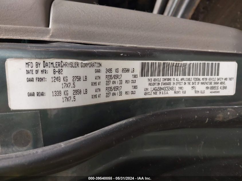 2003 Jeep Grand Cherokee Limited VIN: 1J4GW58N43C524811 Lot: 39540055