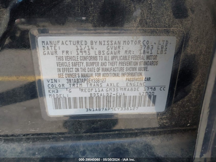 2014 Nissan Sentra Sv VIN: 3N1AB7AP9EY338127 Lot: 39540060