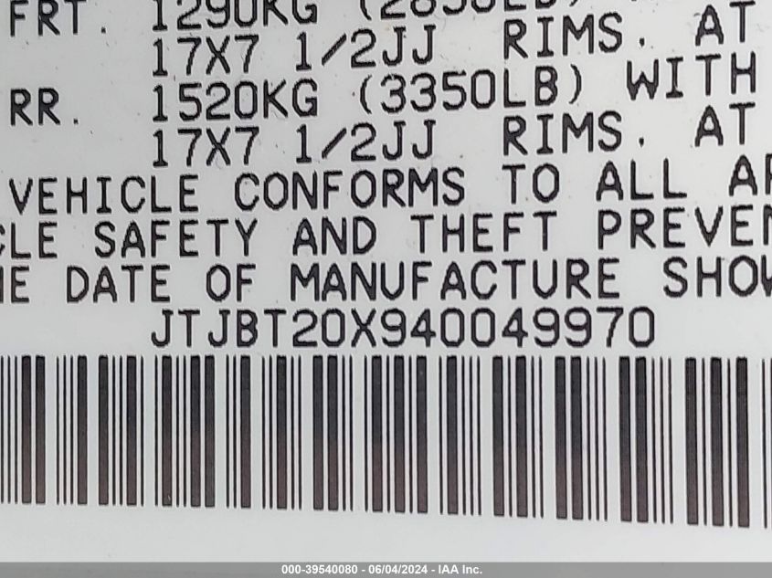 2004 Lexus Gx 470 VIN: JTJBT20X940049970 Lot: 39540080