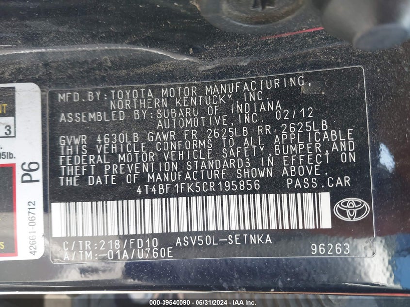 2012 Toyota Camry Le VIN: 4T4BF1FK5CR195856 Lot: 39540090