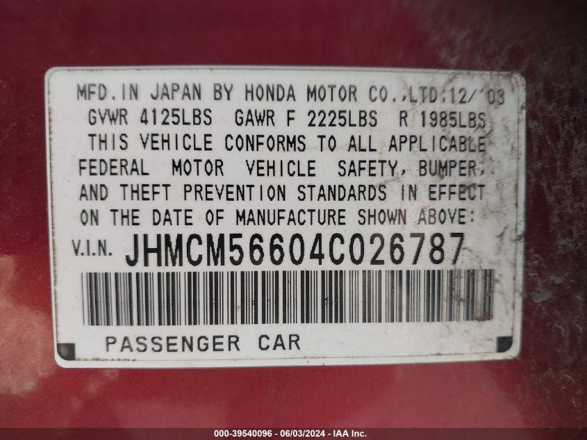2004 Honda Accord 2.4 Ex VIN: JHMCM56604C026787 Lot: 39540096