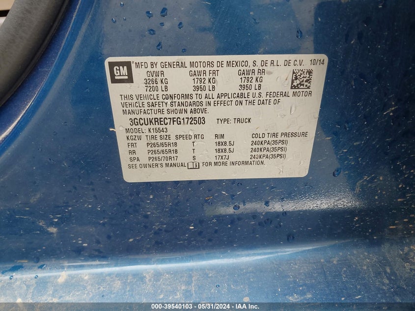 2015 Chevrolet Silverado 1500 2Lt VIN: 3GCUKREC7FG172503 Lot: 39540103