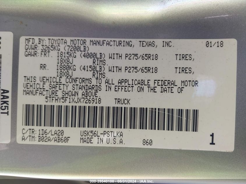 2018 Toyota Tundra Limited 5.7L V8 VIN: 5TFHY5F1XJX726918 Lot: 39540108