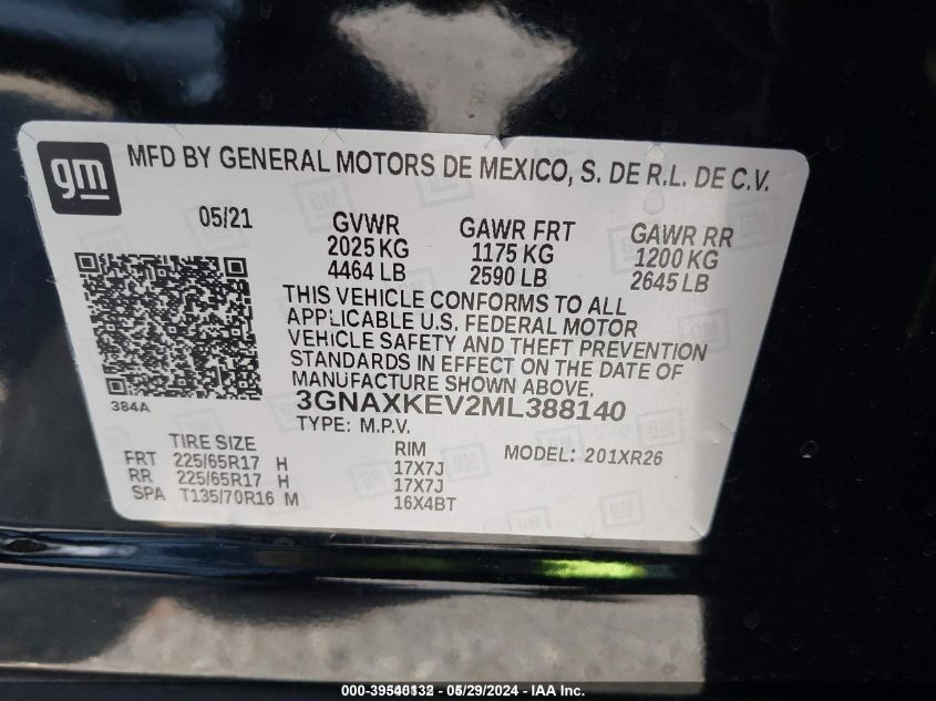 2021 Chevrolet Equinox Fwd Lt VIN: 3GNAXKEV2ML388140 Lot: 39540132