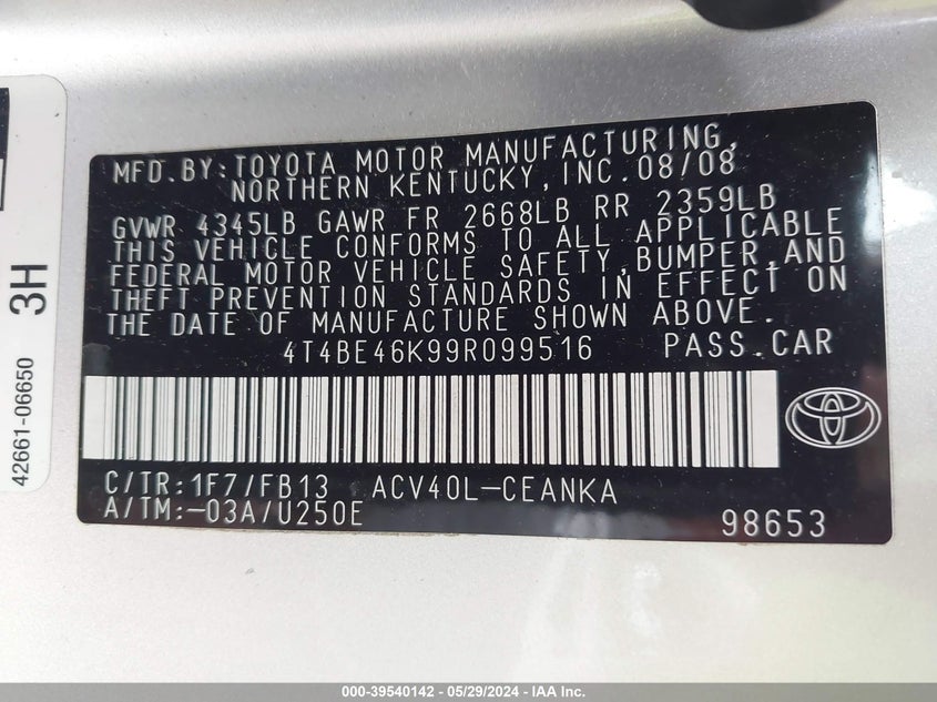 2009 Toyota Camry Le VIN: 4T4BE46K99R099516 Lot: 39540142