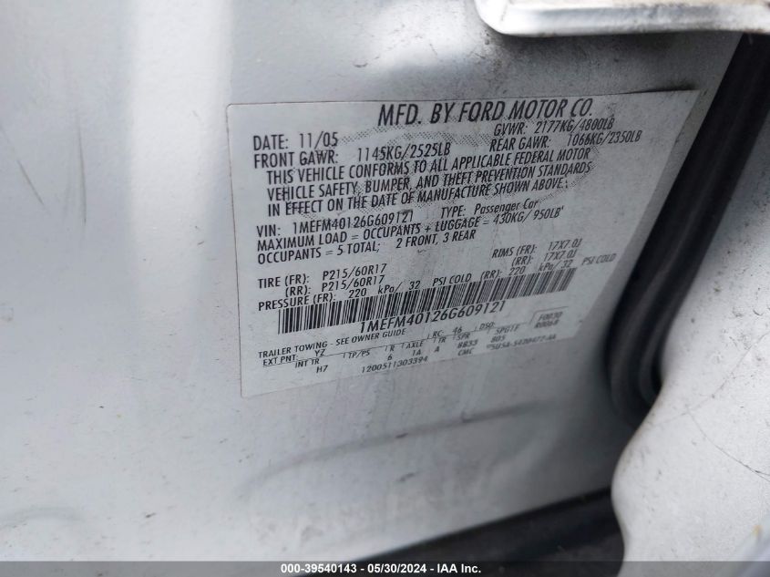 2006 Mercury Montego Luxury VIN: 1MEFM40126G609121 Lot: 39540143