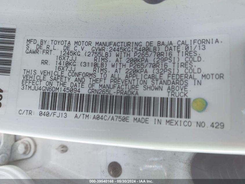 2013 Toyota Tacoma Prerunner V6 VIN: 3TMJU4GN6DM145094 Lot: 39540168