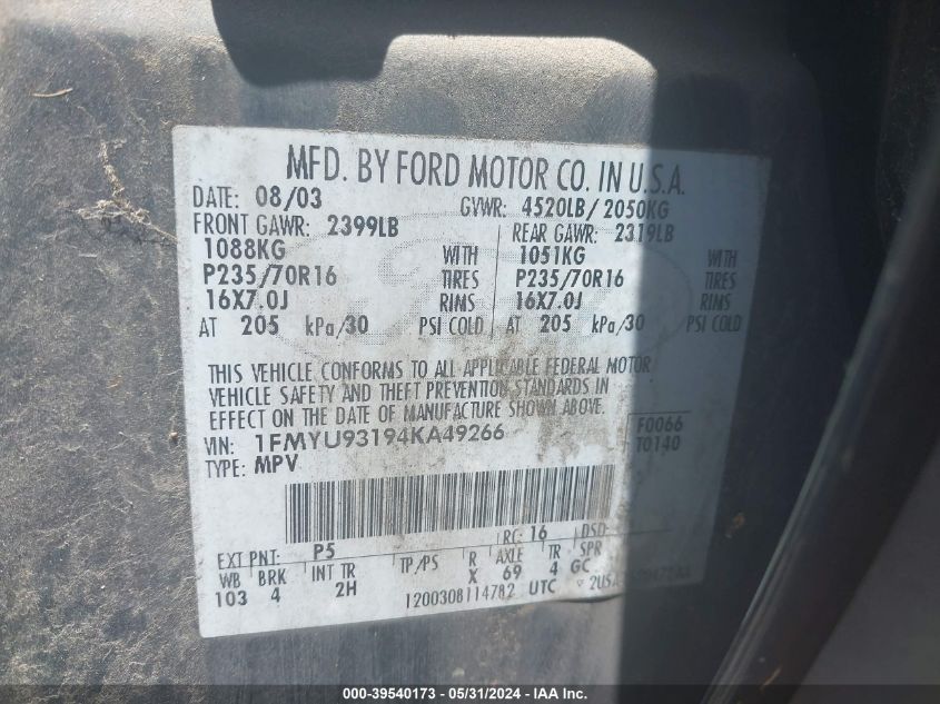 2004 Ford Escape Xlt VIN: 1FMYU93194KA49266 Lot: 39540173