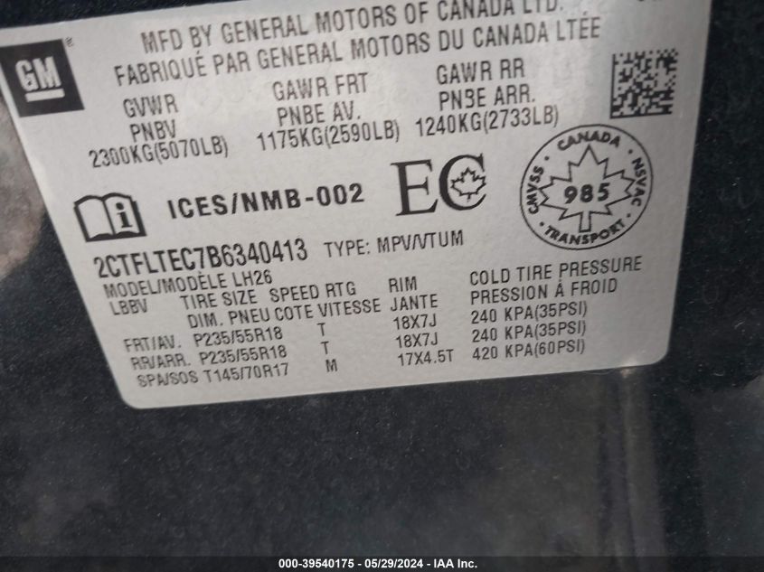 2011 GMC Terrain Sle-2 VIN: 2CTFLTEC7B6340413 Lot: 39540175