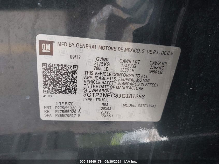 2018 GMC Sierra 1500 Slt VIN: 3GTP1NEC8JG181258 Lot: 39540179