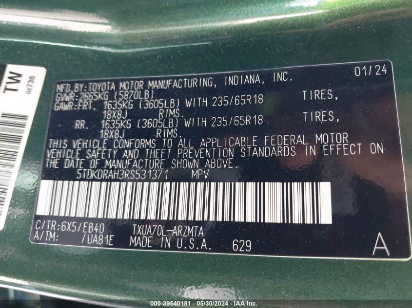 2024 Toyota Highlander Xle VIN: 5TDKDRAH3RS531371 Lot: 39540181