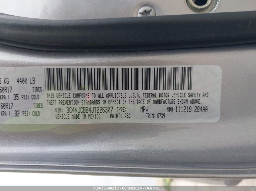 2018 Jeep Compass Latitude Fwd VIN: 3C4NJCBB4JT226307 Lot: 39540210