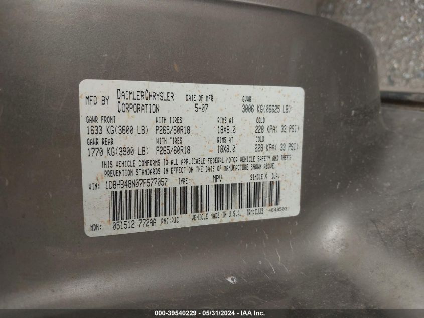 2007 Dodge Durango Slt VIN: 1D8HB48N07F577057 Lot: 39540229