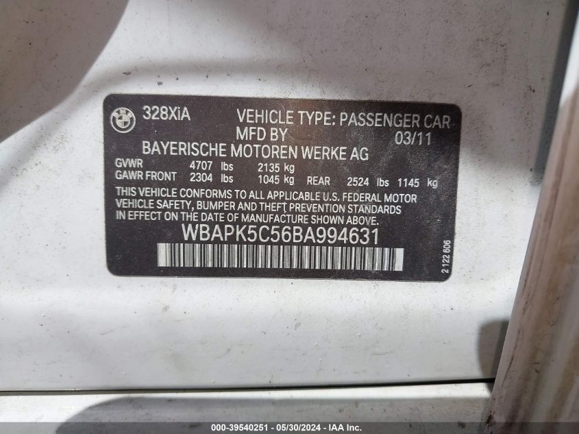 2011 BMW 328I xDrive VIN: WBAPK5C56BA994631 Lot: 39540251