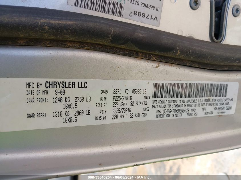 2009 Dodge Journey Se VIN: 3D4GG47BX9T545778 Lot: 39540254