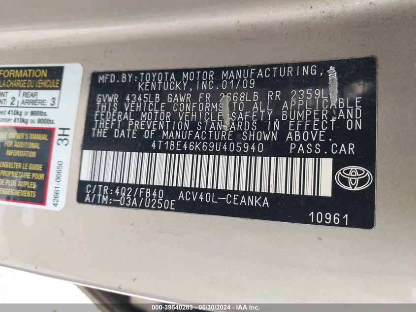 2009 Toyota Camry Le VIN: 4T1BE46K69U405940 Lot: 39540283