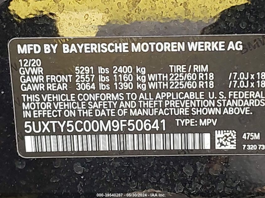 2021 BMW X3 xDrive30I VIN: 5UXTY5C00M9F50641 Lot: 39540287