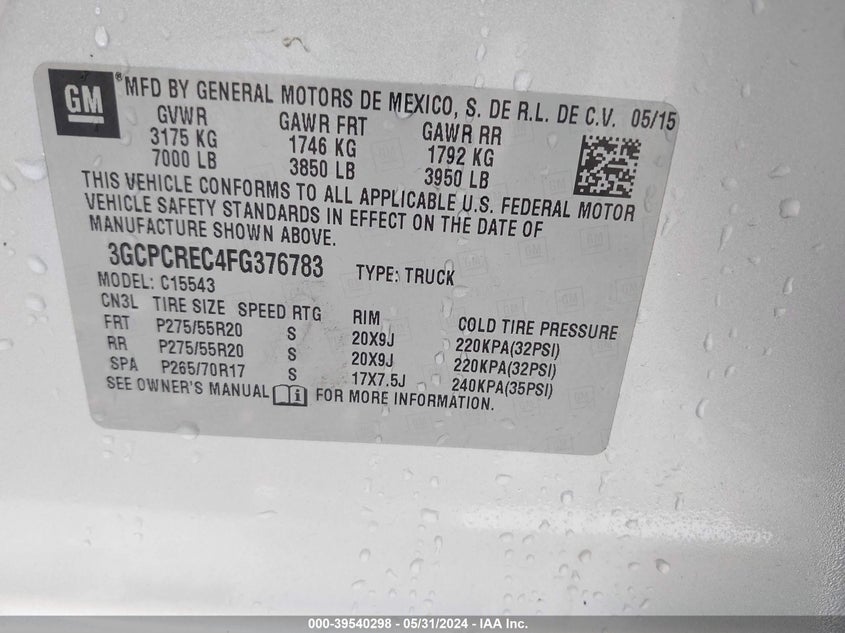 2015 Chevrolet Silverado 1500 1Lt VIN: 3GCPCREC4FG376783 Lot: 39540298