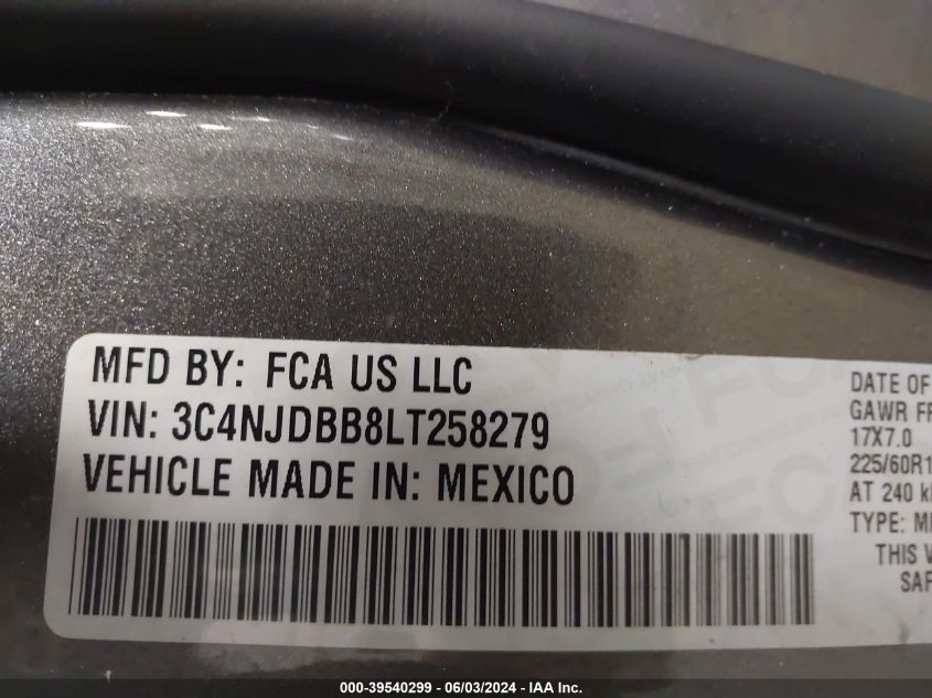 2020 Jeep Compass Sun And Safety 4X4 VIN: 3C4NJDBB8LT258279 Lot: 39540299