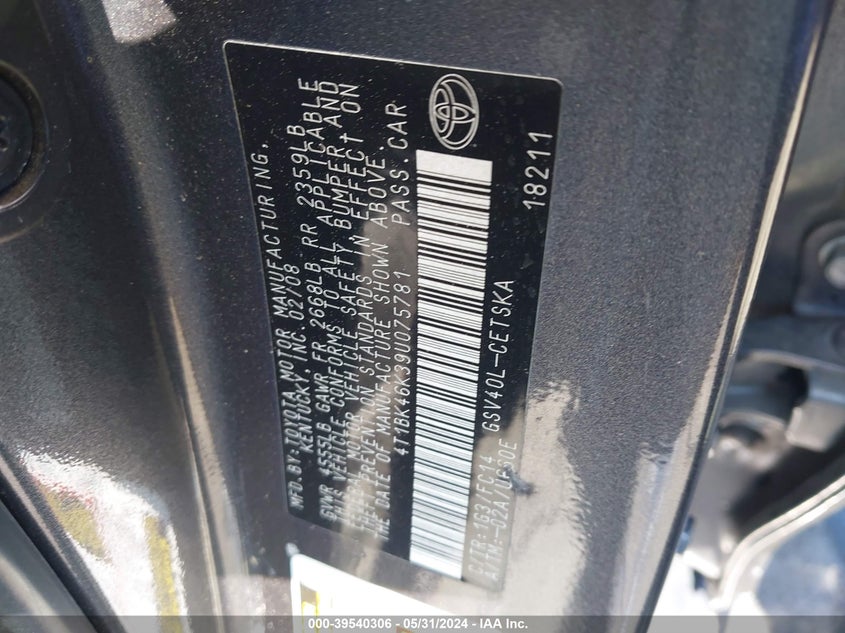 2009 Toyota Camry Se V6 VIN: 4T1BK46K39U075781 Lot: 39540306