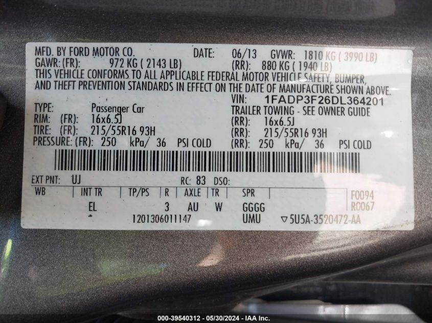 2013 Ford Focus Se VIN: 1FADP3F26DL364201 Lot: 39540312