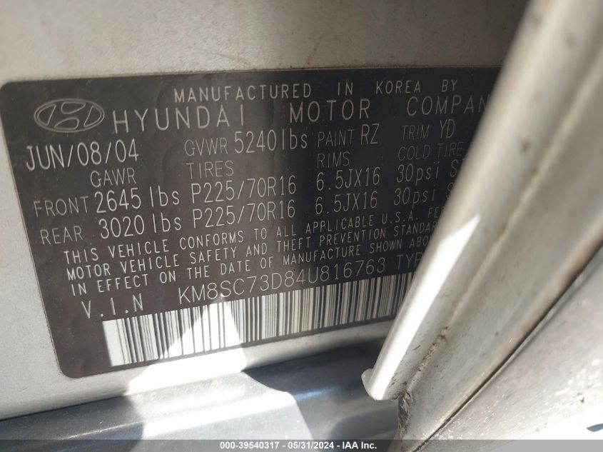 2004 Hyundai Santa Fe Gls VIN: KM8SC73D84U81763 Lot: 39540317