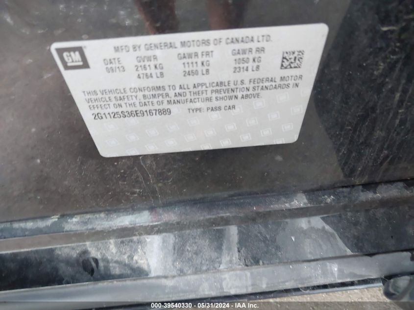 2014 Chevrolet Impala 2Lt VIN: 2G1125S36E9167889 Lot: 39540330