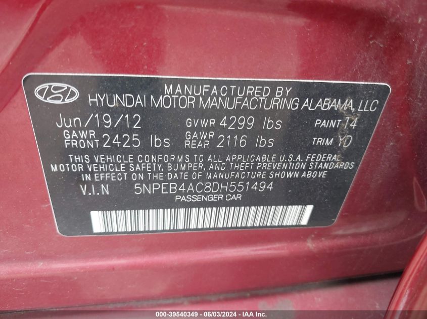 2013 Hyundai Sonata Gls VIN: 5NPEB4AC8DH551494 Lot: 39540349