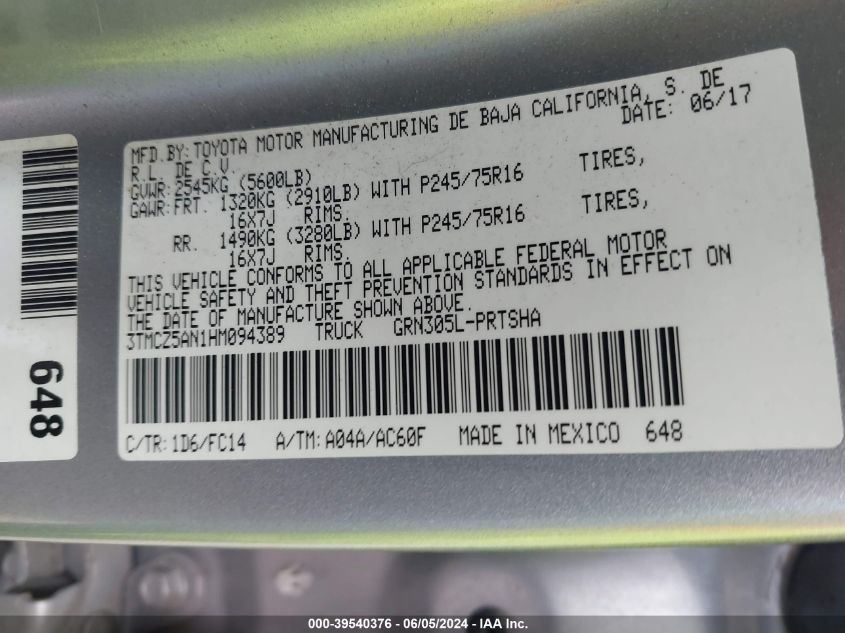 2017 Toyota Tacoma Sr5 V6 VIN: 3TMCZ5AN1HM094389 Lot: 39540376