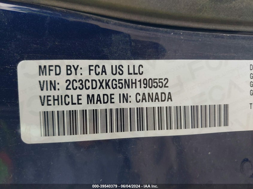 2022 Dodge Charger Police Awd VIN: 2C3CDXKG5NH190552 Lot: 39540379