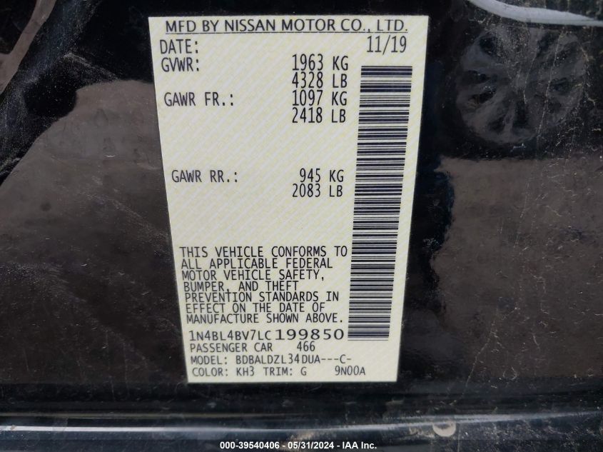 2020 Nissan Altima S VIN: 1N4BL4BV7LC199850 Lot: 39540406