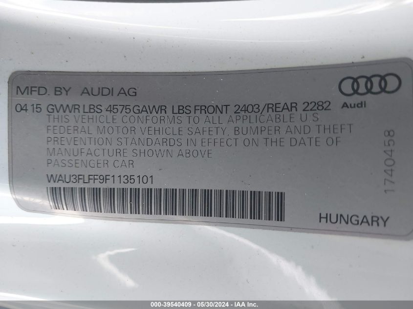 2015 Audi A3 2.0T Premium VIN: WAU3FLFF9F1135101 Lot: 39540409