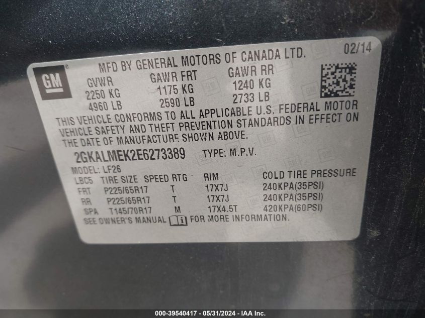 2014 GMC Terrain Sle-1 VIN: 2GKALMEK2E6273389 Lot: 39540417