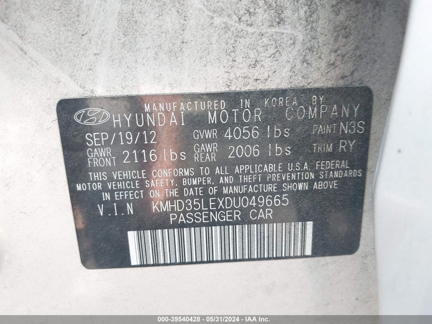 2013 Hyundai Elantra Gt Base W/Blue VIN: KMHD35LEXDU049665 Lot: 39540428