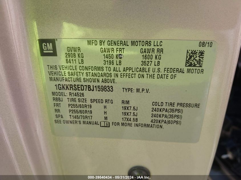 2011 GMC Acadia Slt-2 VIN: 1GKKRSED7BJ159833 Lot: 39540434