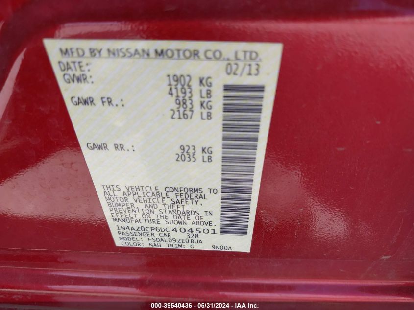 2013 Nissan Leaf Sv VIN: 1N4AZ0CP6DC404501 Lot: 39540436