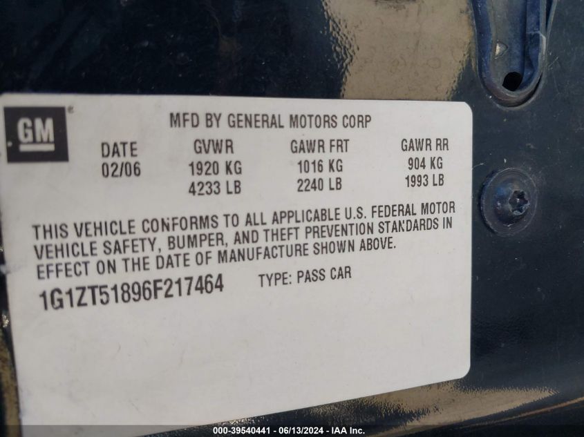 2006 Chevrolet Malibu Lt VIN: 1G1ZT51896F217464 Lot: 39540441