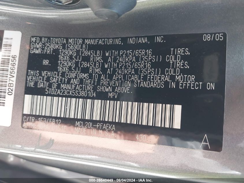 2005 Toyota Sienna Le VIN: 5TDZA23CX5S380104 Lot: 39540449