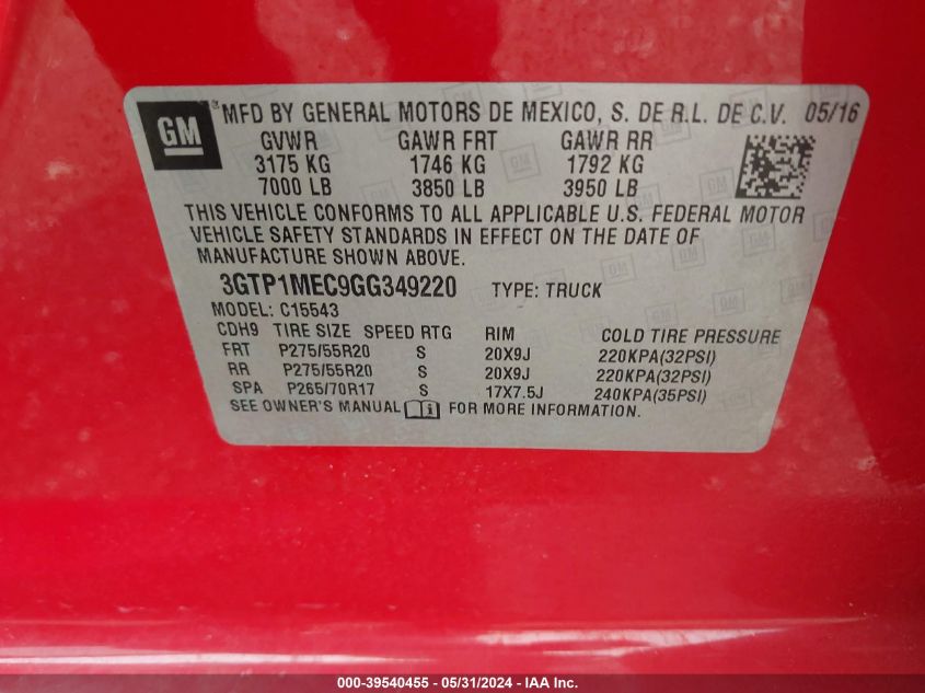 2016 GMC Sierra 1500 Sle VIN: 3GTP1MEC9GG349220 Lot: 39540455