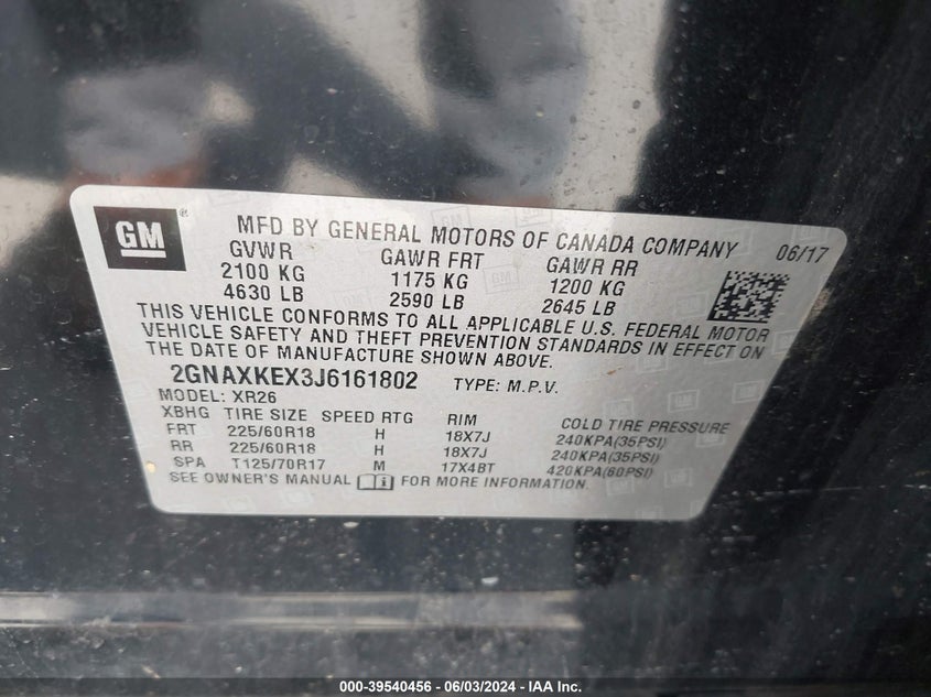 VIN 2GNAXKEX3J6161802 2018 CHEVROLET EQUINOX LT