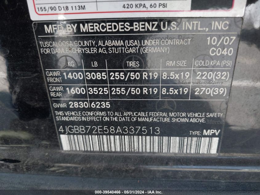 2008 Mercedes-Benz Ml 550 4Matic VIN: 4JGBB72E58A337513 Lot: 39540466