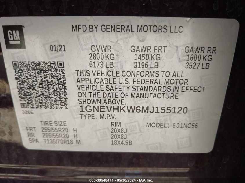 2021 Chevrolet Traverse Awd Lt Leather VIN: 1GNEVHKW6MJ155120 Lot: 39540471