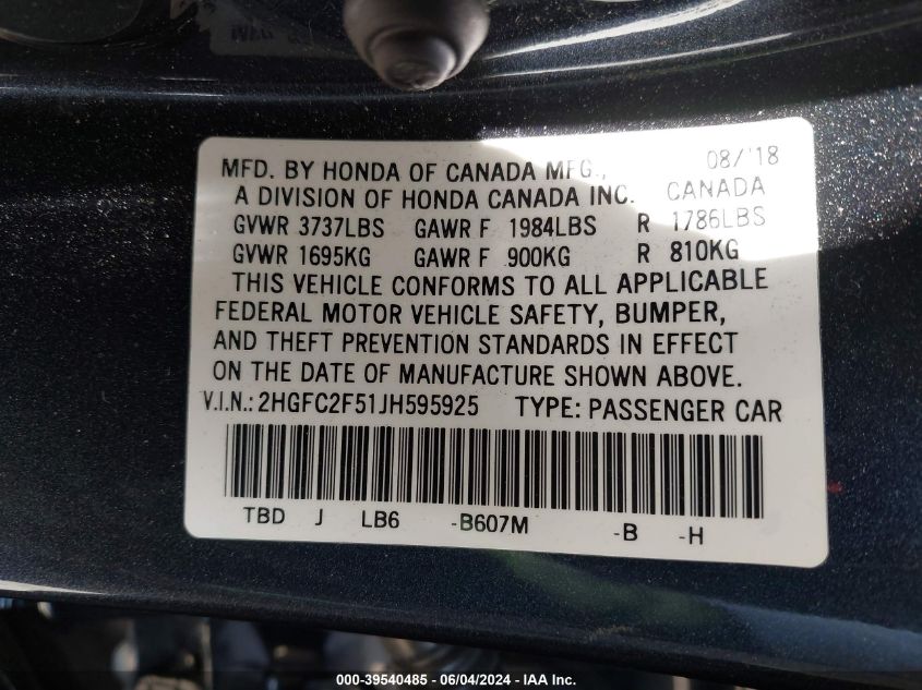 2018 Honda Civic Lx VIN: 2HGFC2F51JH595925 Lot: 39540485