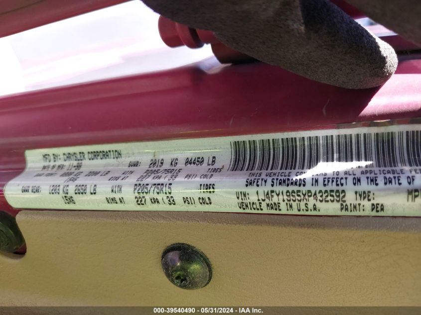 1999 Jeep Wrangler Sport VIN: 1J4FY19S5XP432592 Lot: 39540490