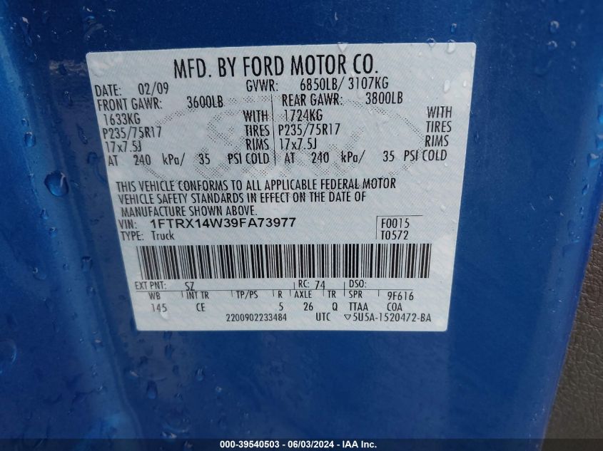 2009 Ford F-150 Xl VIN: 1FTRX14W39FA73977 Lot: 39540503