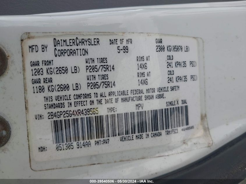 1999 Dodge Caravan VIN: 2B4GP25G4XR439565 Lot: 39540506