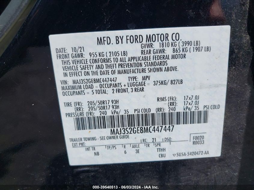 2021 Ford Ecosport Se VIN: MAJ3S2GE8MC447447 Lot: 39540513