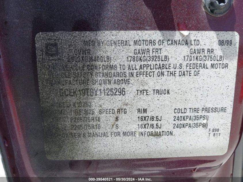 2000 Chevrolet Silverado 1500 Ls VIN: 2GCEK19T8Y1125296 Lot: 39540521